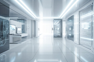 Clean white advanced futuristic interior, corridor or room. Created with Generative AI technology.