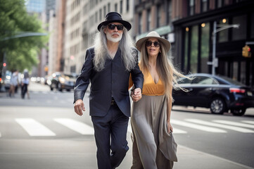 Obraz premium Generative AI illustration of beautiful 60 year old couple with gray hair and hat on the streets of New York