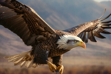 Fototapeta premium A bald eagle in flight in nature. Created with Generative AI technology.