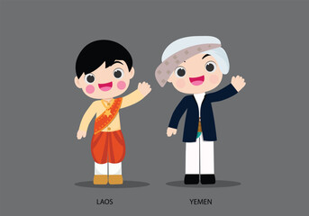 Laos and Malaysia in national dress vector illustrationa