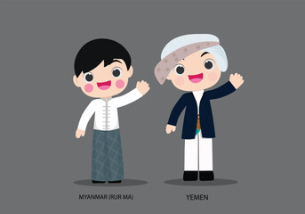 Obraz na płótnie Canvas Myanmar and Yemen in national dress vector illustrationa