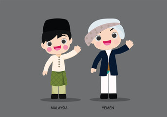 Yeman and Malaysia in national dress vector illustrationa