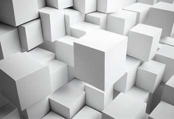 Randomly positioned and scaled white cube boxes bloc illustration. AI generative.