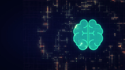 Artificial intelligence concept. Artificial intelligence with neural network thinks. Brain representing artificial intelligence learning processing big data, analysis information and binary data flow.