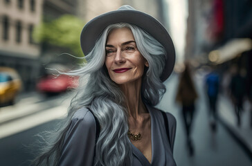 Fototapeta na wymiar Generative AI illustration of beautiful 60 year old woman with gray hair on the streets of New York.