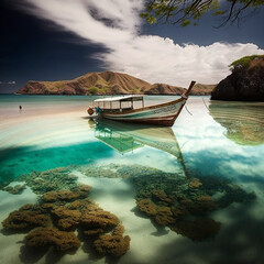a boat in Beach and crystal-clear waters