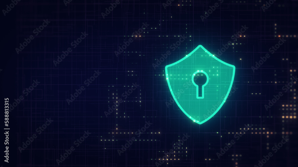 Poster cyber security concept: shield with keyhole icon on digital data background. illustrates cyber data 