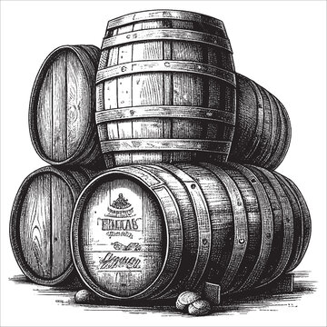 Hand Drawn Engraving Pen and Ink Stack of Wine Barrels Vintage Vector Illustration