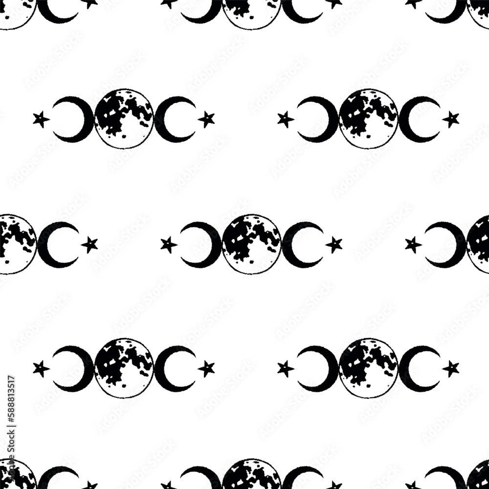 Wall mural magic pattern of repeating three moons on a white background