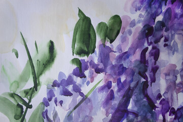 bstract flower background. Lilac branch with leaves. Beautiful digital watercolor illustration.