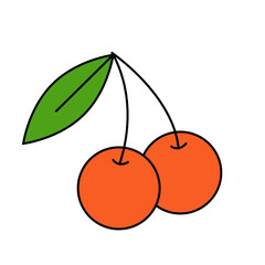 Cherry. Two berries with a leaf in trendy retro style. Y2k and 90s design. 70s, 80s vibe. Isolated vector illustration on white background.