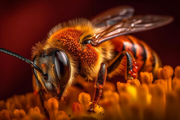 Honey bee macro photo. Insect pollination macro close up. Bee looking for nectar. Honeybee beekeeping pollination season. Ai generated