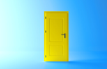 Closed yellow door with frame Isolated on background.