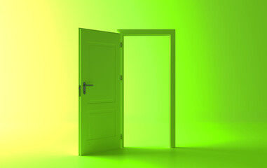 Open the door. Green door, open entrance in green background room. Architectural design element. 3d rendering. Modern minimal concept. Opportunity metaphor.
