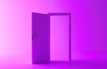 Open the door. Purple door, open entrance in pink background room. Architectural design element. 3d rendering. Modern minimal concept. Opportunity metaphor.