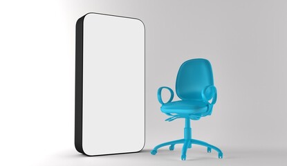 Blank sign on an empty blue chair and mobile phone. Hiring new job vacancy concept. 3D Rendering. We are hiring. Shopping concept. 