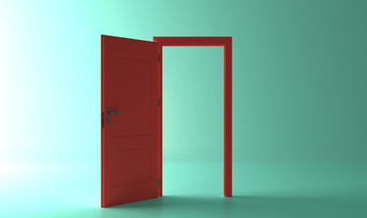 Open the door. Red door, open entrance in green background room. Architectural design element. Modern minimal concept. Opportunity metaphor.
