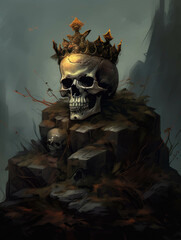 A menacing skull with a spiked crown perched atop a pile of stone. Gothic art. AI generation.