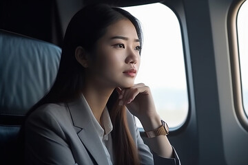Fototapeta na wymiar Mulher asiática pensando em trabalhar no conceito de avião Viagens de negócios e conceito de tecnologia