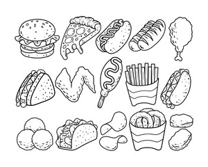 Fast food hand-drawn vector outline sketch collection	