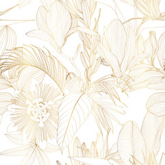 Luxury gold nature background. Floral seamless pattern, Golden  exotic flowers, line arts illustration.