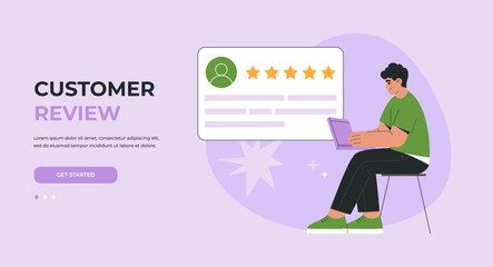 Man sitting with laptop giving feedback review or leaving comments. Customer satisfaction rating, landing page. Online survey. Hand drawn vector illustration isolated on background, flat cartoon style