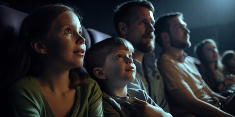 Family with children in the cinema watching a movie. Generative AI	
 - obrazy, fototapety, plakaty