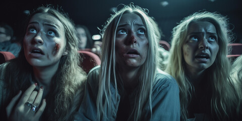 girlfriends watching scary horror movie in cinema. Concept. Generative AI	
