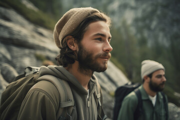 Fototapeta premium Portrait of a group of friends on a hike against the backdrop of nature. Generative AI 