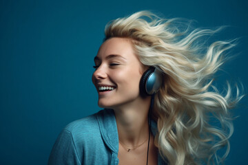 Naklejka premium A young blonde woman listening to music in studio. The girl's hair moves through the air