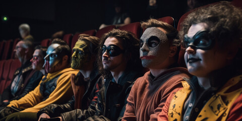 movie fans in costumes sit in the cinema and watch the movie premiere. Generative AI	
