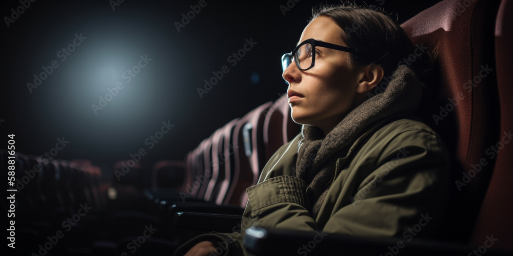 Sticker Man in the cinema watching a movie looking at the screen. Generative AI	
