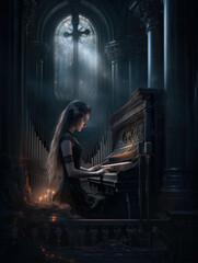 The silence of the night was broken only by the faint sound of a haunting melody played on a pipe organ. Gothic art. AI generation.