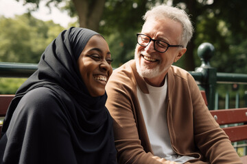 Fototapeta premium Multicultural adult friends couple man and woman chatting on bench. Generative AI 