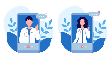 Doctor online. Man and woman. Consultation with a doctor using a mobile phone or application. Vector illustration in flat cartoon style. The concept of protection and medicine.