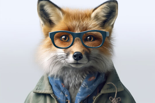 Portrait of a beautiful fox in transparent glasses and green jacket, looking directly into the camera on a white isolated background. Fashionable fox with a scarf around his neck and in a jacket. 