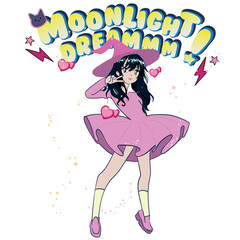 Anime Girl illustration withslogan. Vector graphic design for t-shirt. witch girl drawing