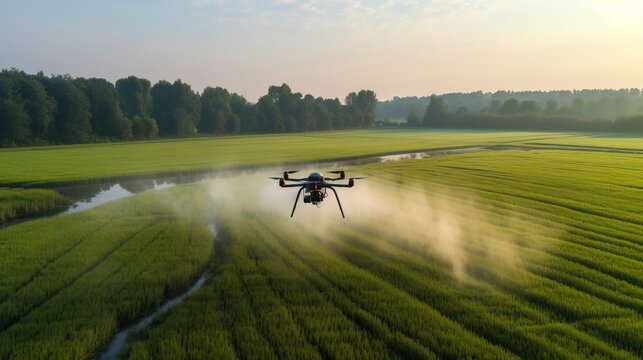 Drone flying and spraying fertilizer on the agriculture fields. Generative AI