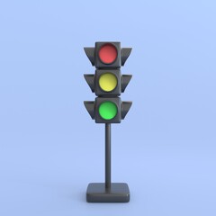 Traffic light 3d render with three colour red,yellow and green for sign and signal realistic transport movement on road way concept.