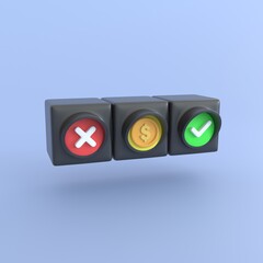 Traffic light 3d render. money icon with price tag, coin and credit card for shopping credit or money cash sign business money finance and management realistic cartoon concept.