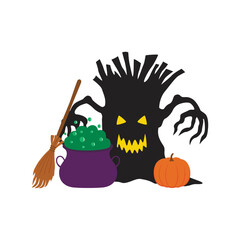 Celebration of autumn holiday, halloween party elements. Tree, broom, pumpkin and pot potion