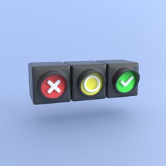 Traffic light 3d render. money icon with correct sign, checkmark and cross symbolfor confirm or approve finance loan and creditbusiness and management realistic cartoon concept.