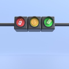 Traffic light 3d render. money icon with price tag, coin and credit card for shopping credit or money cash sign business money finance and management realistic cartoon concept.