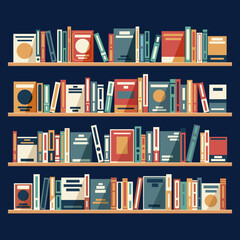 Shelves with colorful books in flat design style. Wooden bookshelves with books. School archive and bookshop, bookcase and bookshelf © barmaleeva
