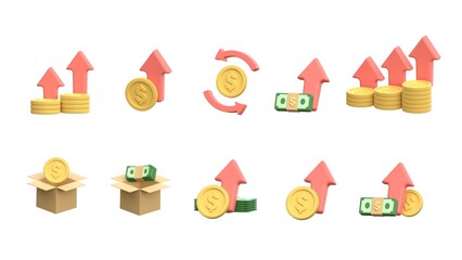 Simple set of financial money movement 3d render icon. Icons as Profit, Gain, Cash back, Exchange or transfer with stack of gold coin and rising arrow. investment finance and banking concept.