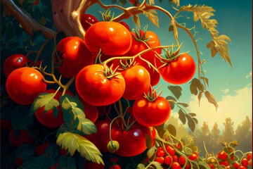 Fototapeta na wymiar Juicy tomatoes ripen on a bush in the sun. AI generated.