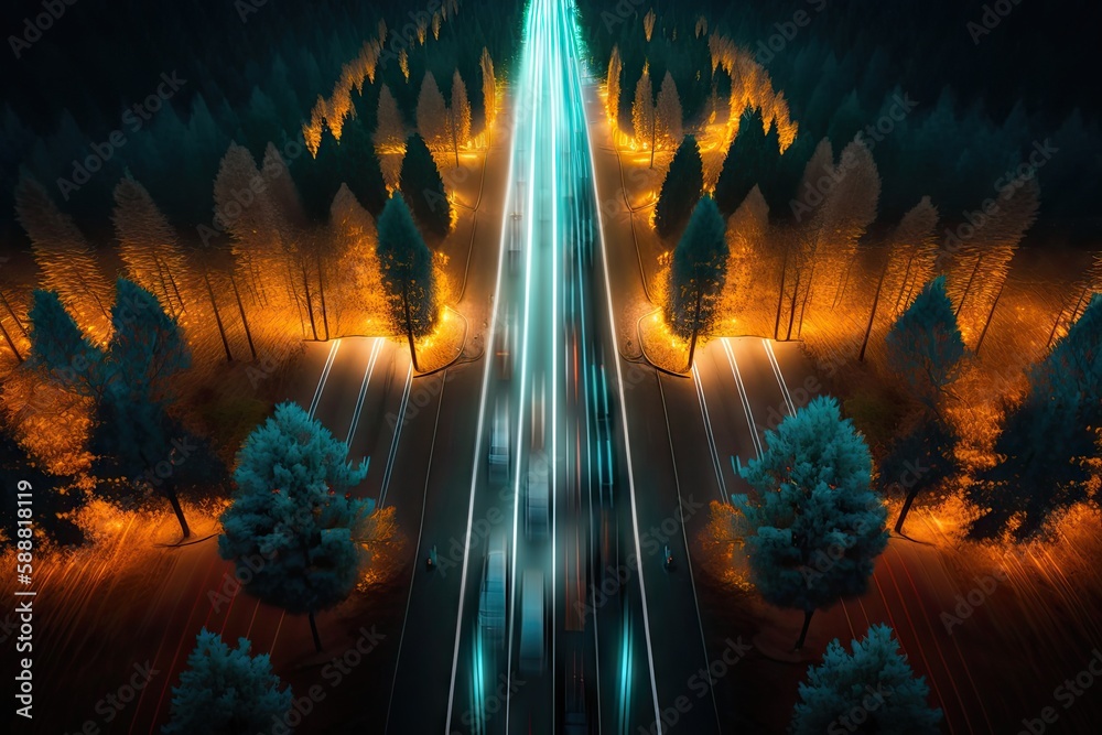 Wall mural Aerial photo of forest, road and light trails from car. Drone view - Wall murals