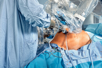 Surgical system with minimally invasive robot in a hospital. Robotic technological equipment,...