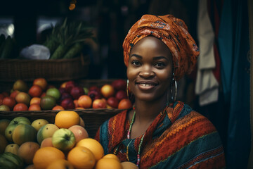 Fototapeta na wymiar Portrait of a beautiful afro woman in national dress with vegetables and fruits