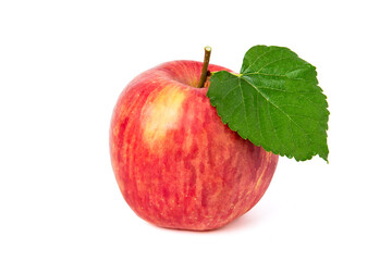 Bright red apple with green leaves. isolated 0n white background.